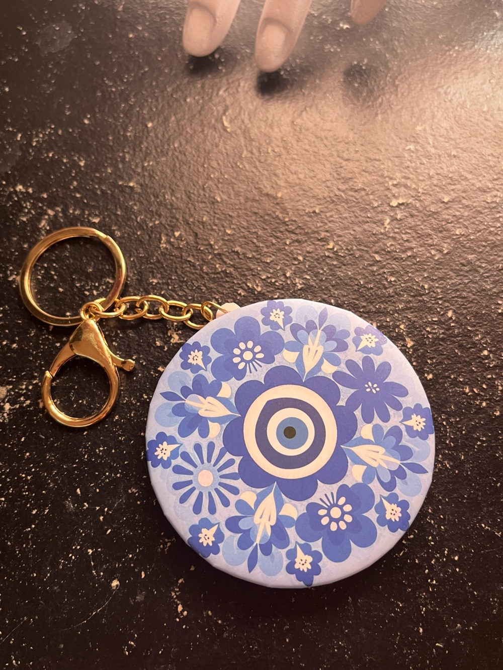 Evil Eye Blue Floral Compact Mirror Keychain with Gold-tone loop
